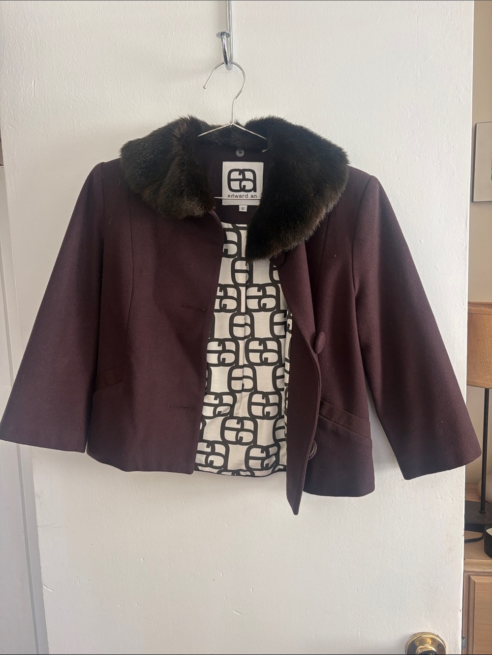 Edward An Women's Dark Brown Wool Jacket with Fur Collar